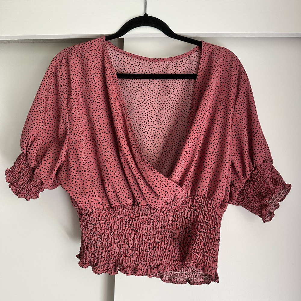 Shein Pink Puff Sleeve Wrap Crop Top